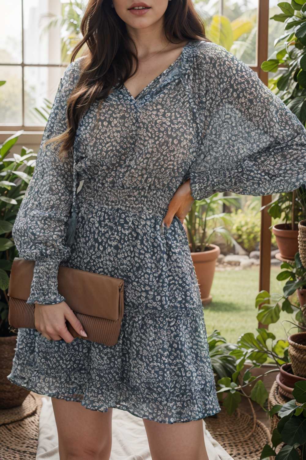 loose leopard print v neck dress drop shoulder a line closed cape paneled 108977