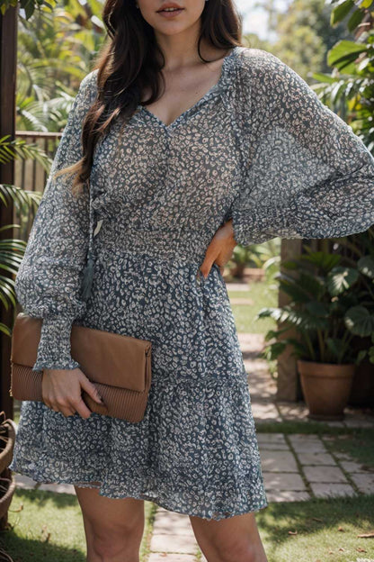 loose leopard print v neck dress drop shoulder a line closed cape paneled 108976