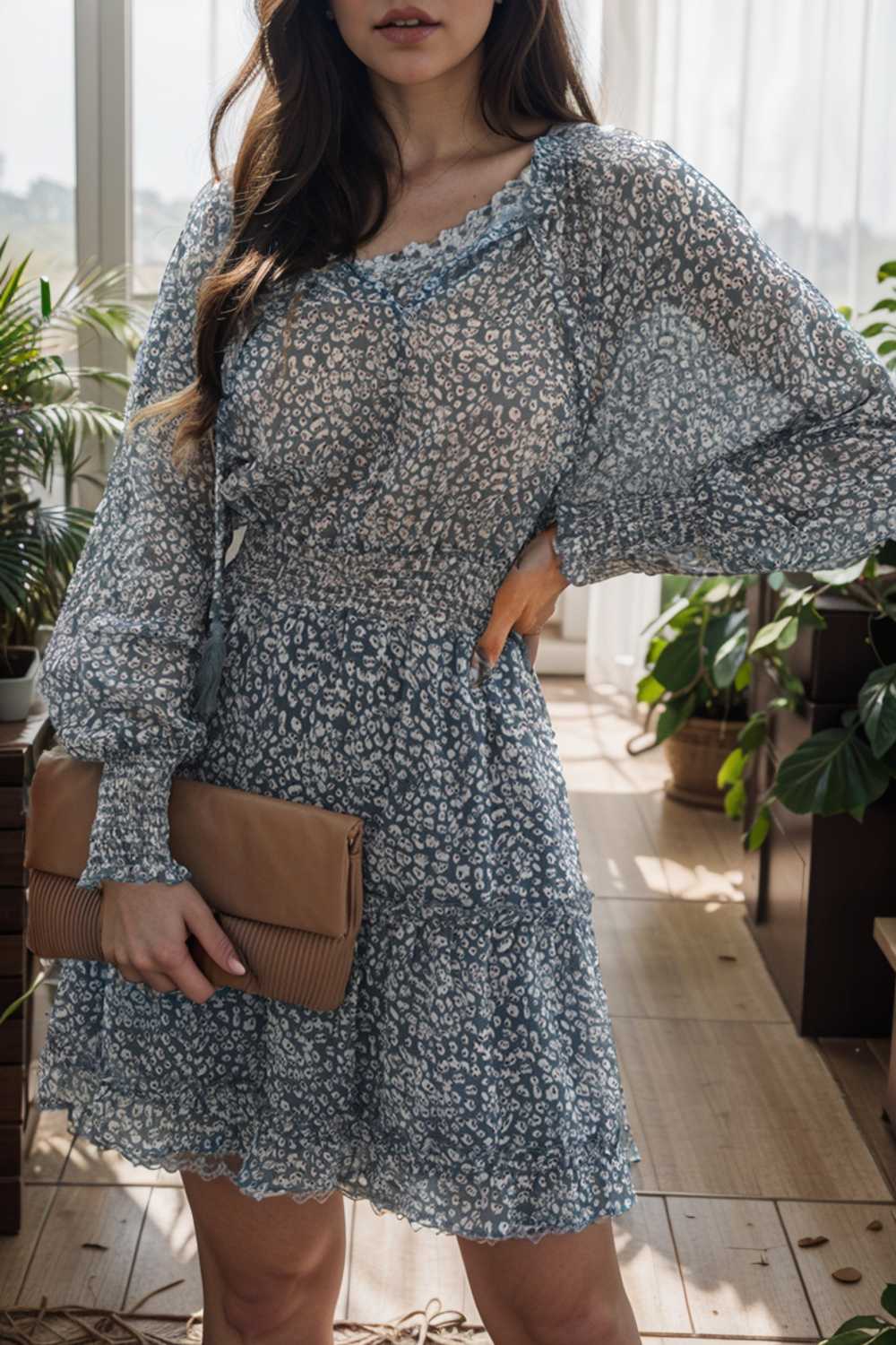 loose leopard print v neck dress drop shoulder a line closed cape paneled 108975
