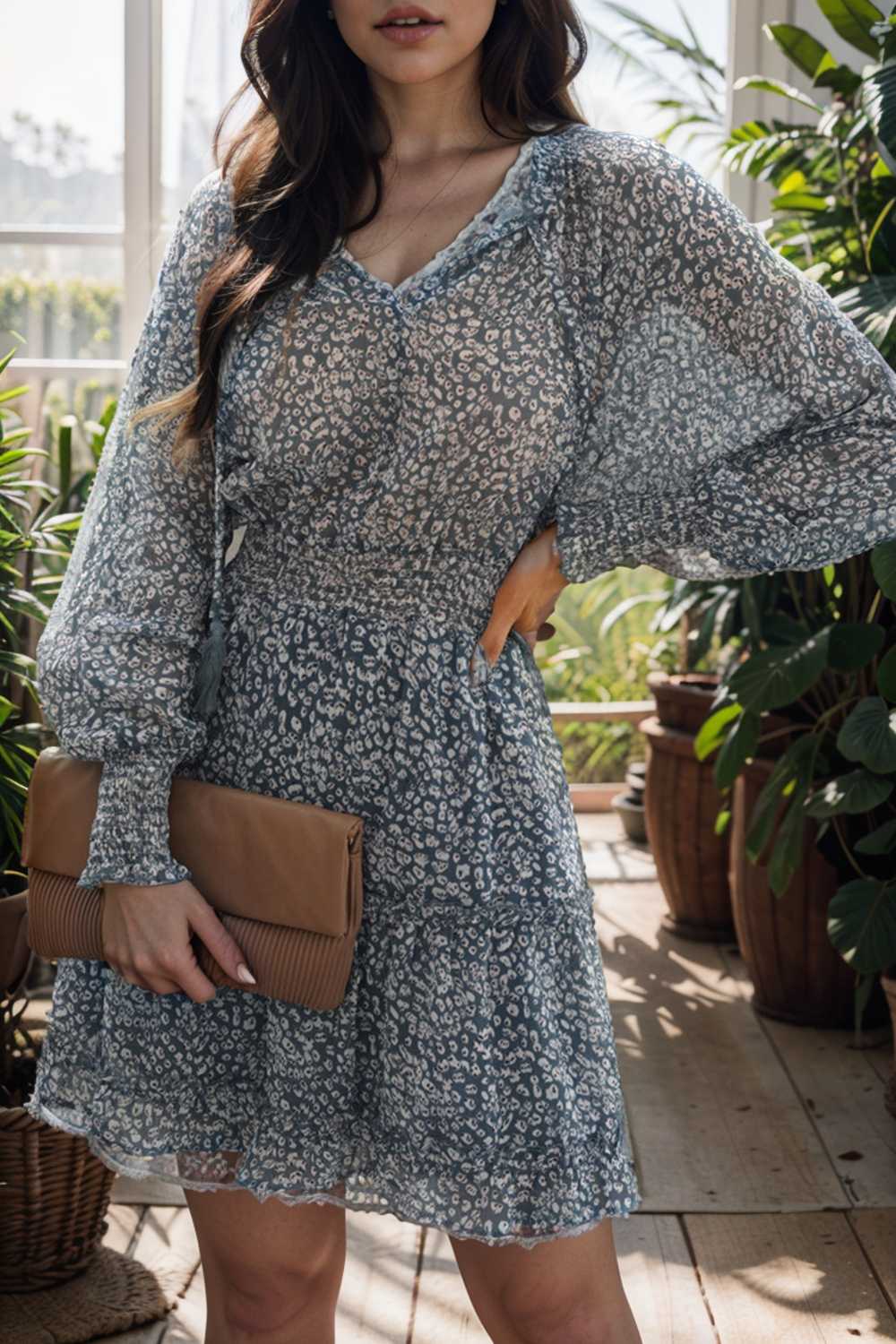 loose leopard print v neck dress drop shoulder a line closed cape paneled 133802