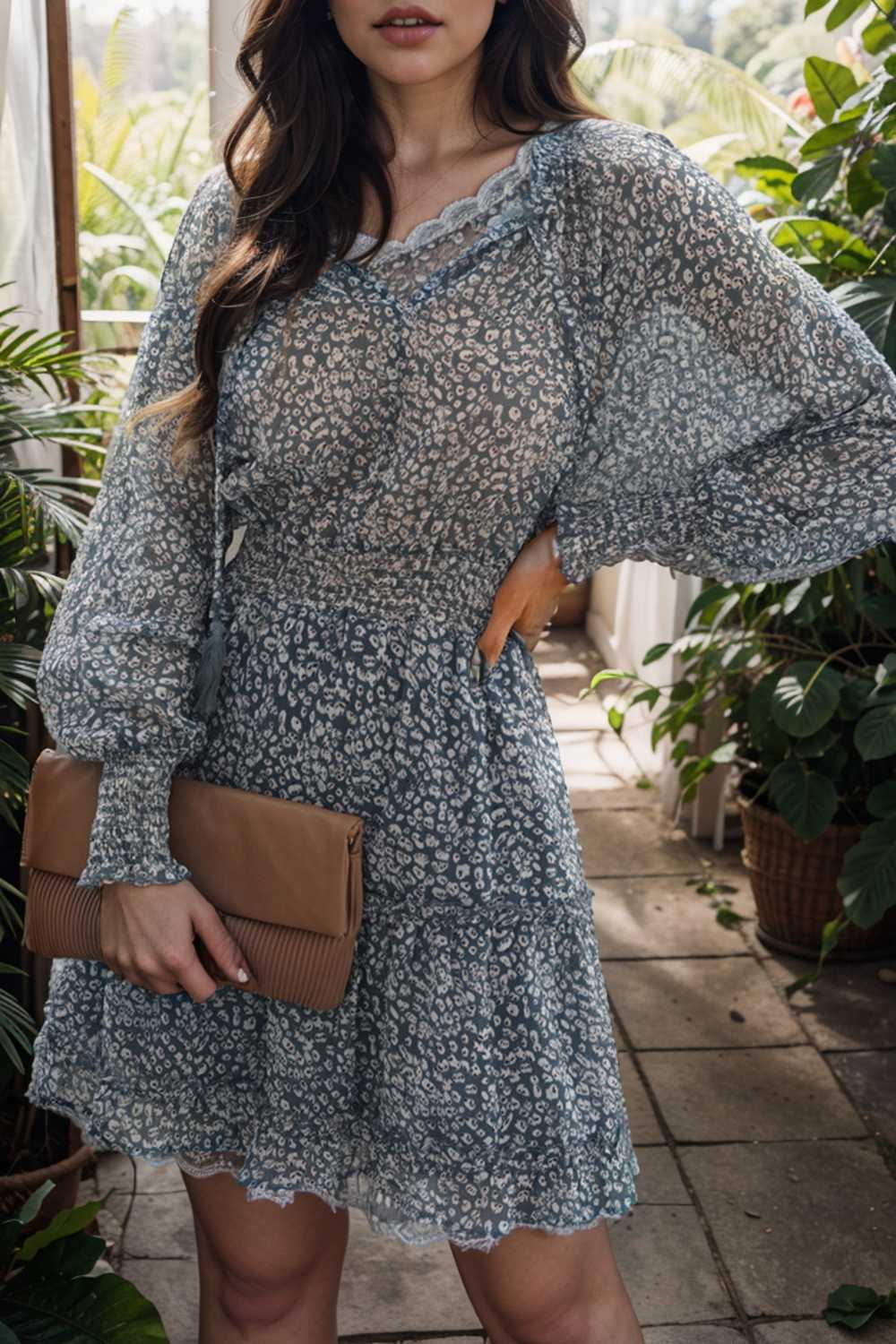 loose leopard print v neck dress drop shoulder a line closed cape paneled 133801