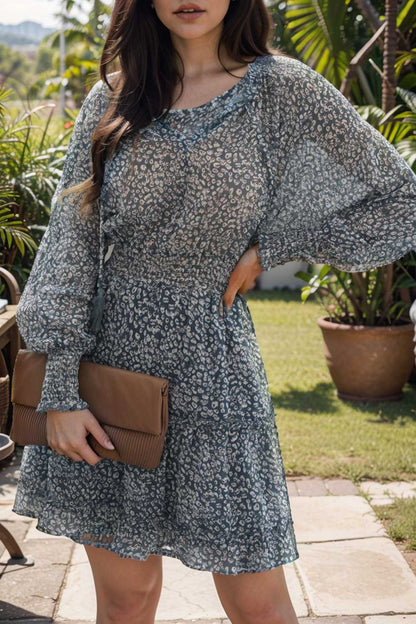 loose leopard print v neck dress drop shoulder a line closed cape paneled 108971