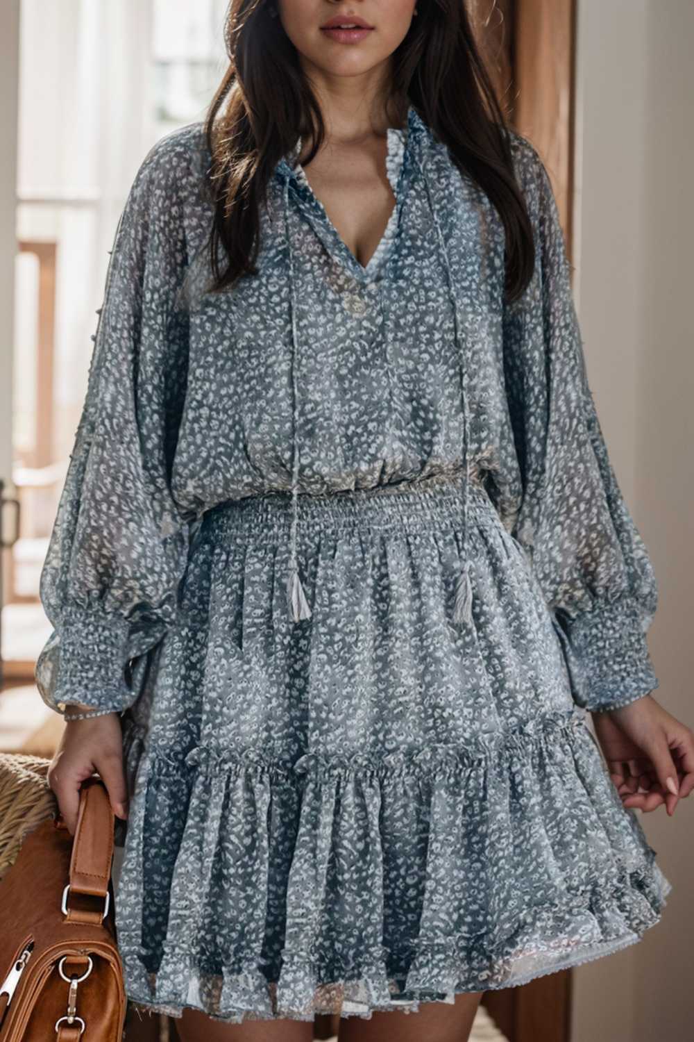 loose leopard print v neck dress drop shoulder a line closed cape paneled 108970