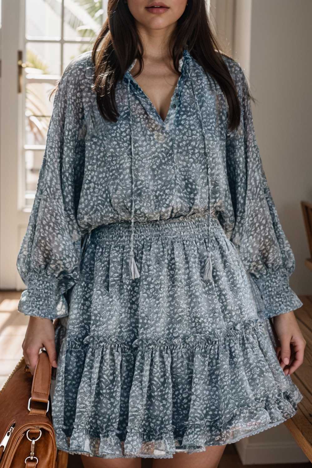 loose leopard print v neck dress drop shoulder a line closed cape paneled 106637