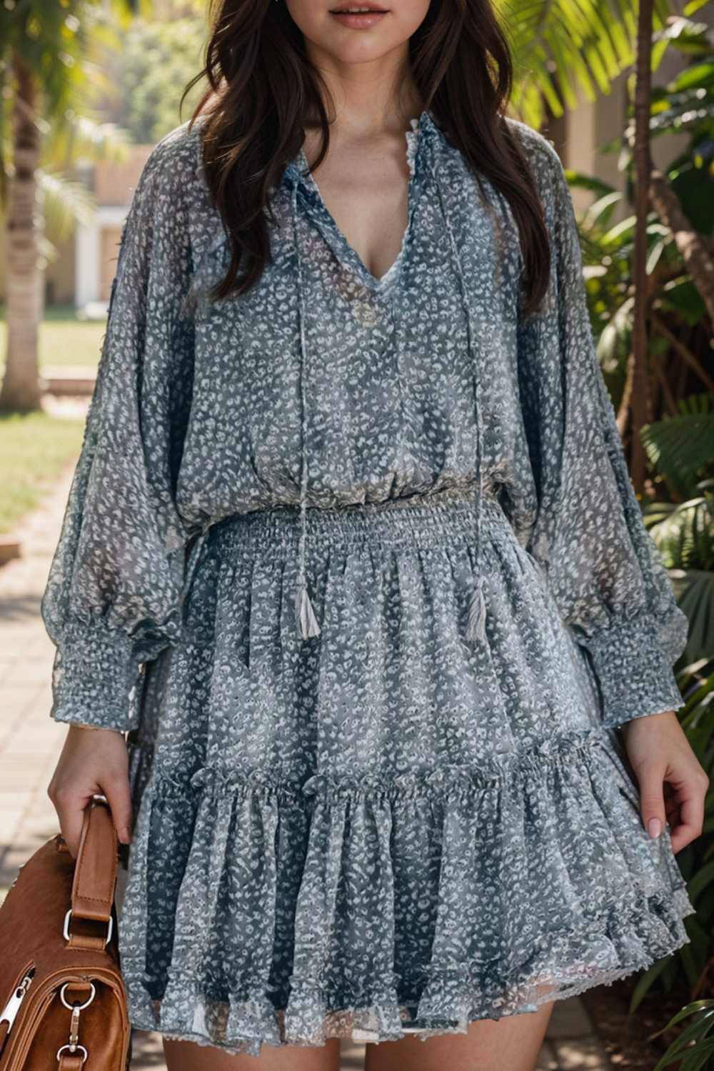 loose leopard print v neck dress drop shoulder a line closed cape paneled 107661