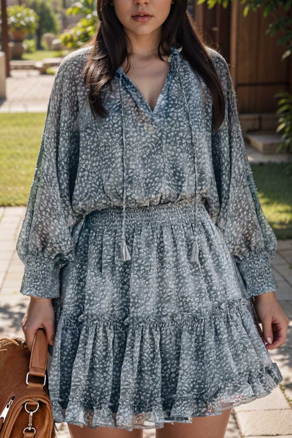 loose leopard print v neck dress drop shoulder a line closed cape paneled 110051