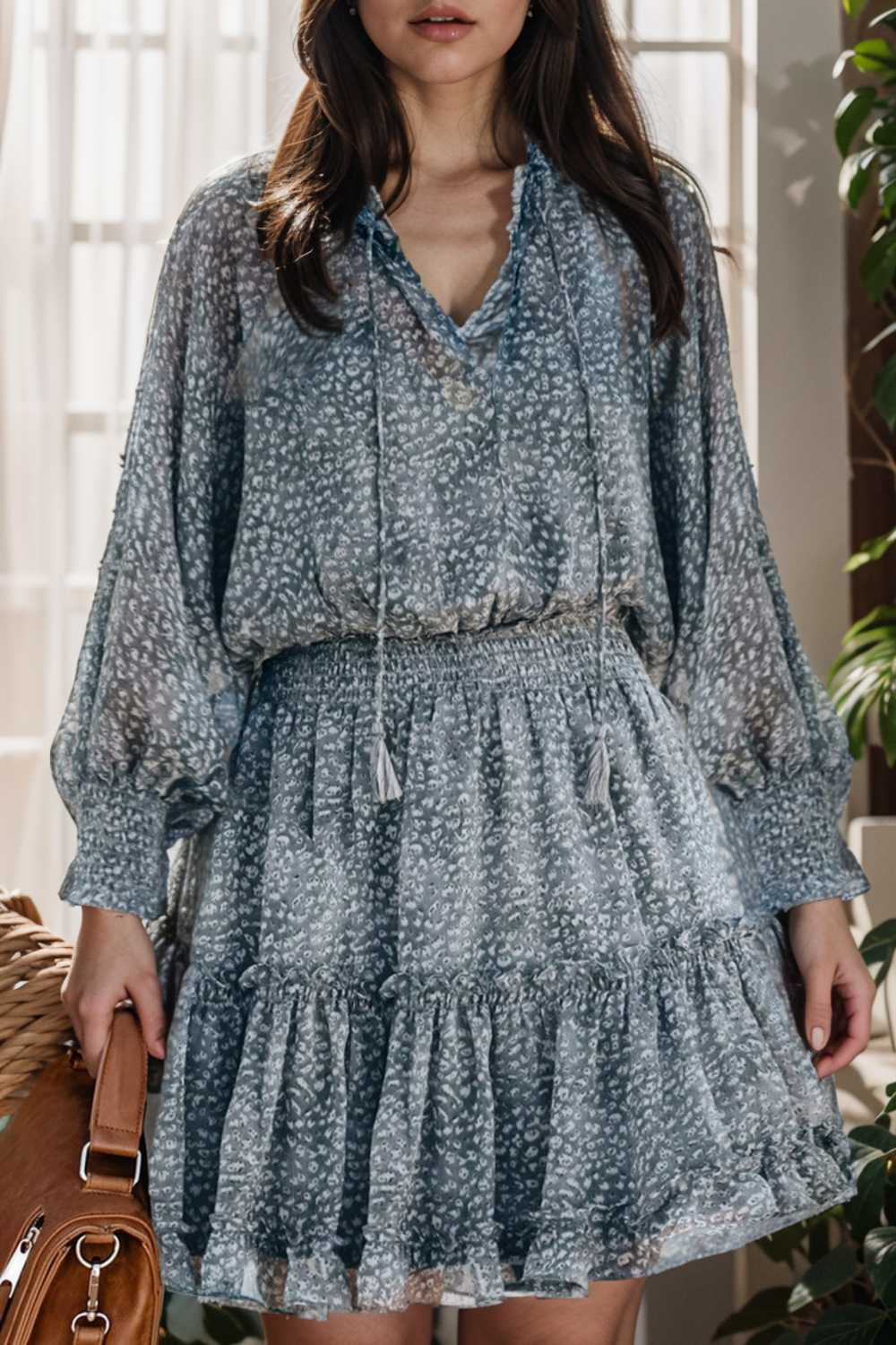 loose leopard print v neck dress drop shoulder a line closed cape paneled 131737