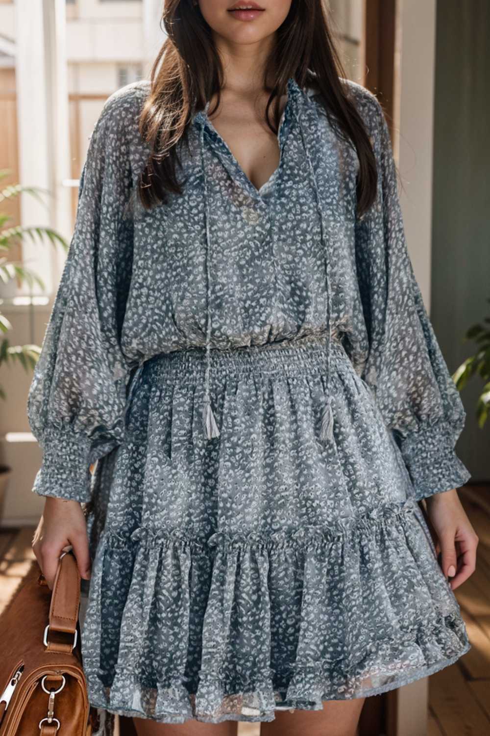 loose leopard print v neck dress drop shoulder a line closed cape paneled 108969