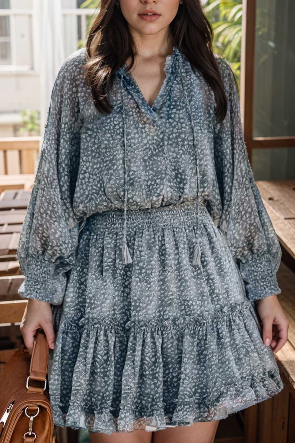 loose leopard print v neck dress drop shoulder a line closed cape paneled 131736