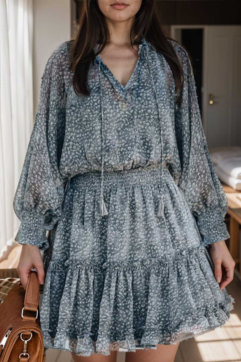 loose leopard print v neck dress drop shoulder a line closed cape paneled 109387