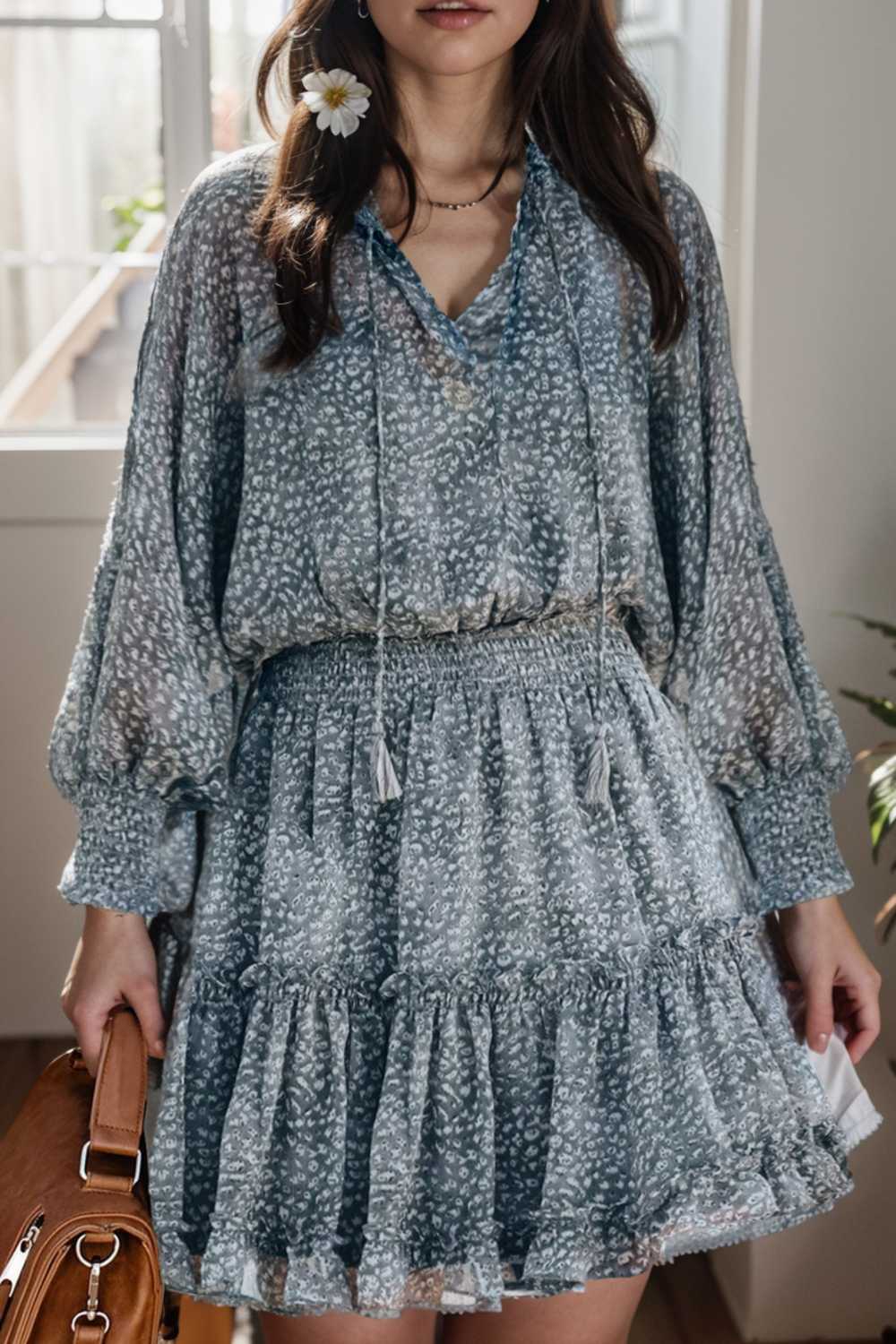 loose leopard print v neck dress drop shoulder a line closed cape paneled 108968