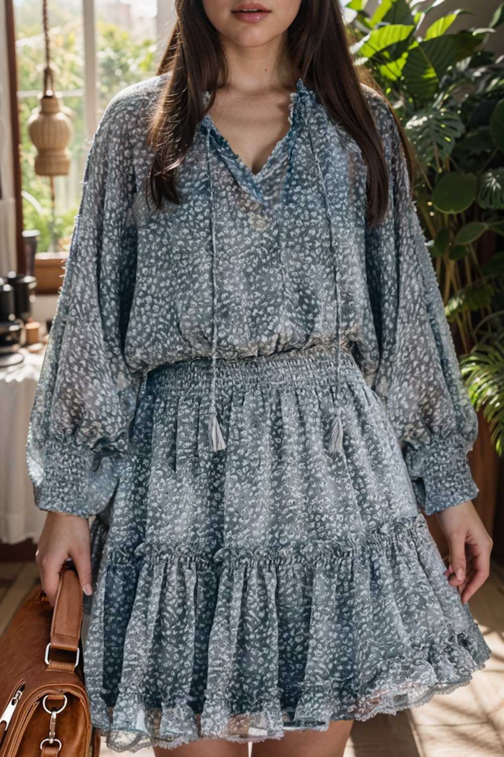 loose leopard print v neck dress drop shoulder a line closed cape paneled 128085