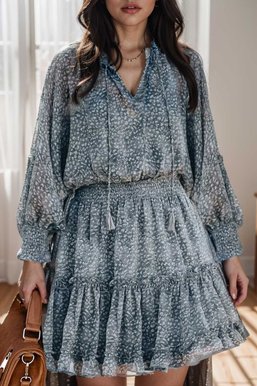 loose leopard print v neck dress drop shoulder a line closed cape paneled 108967