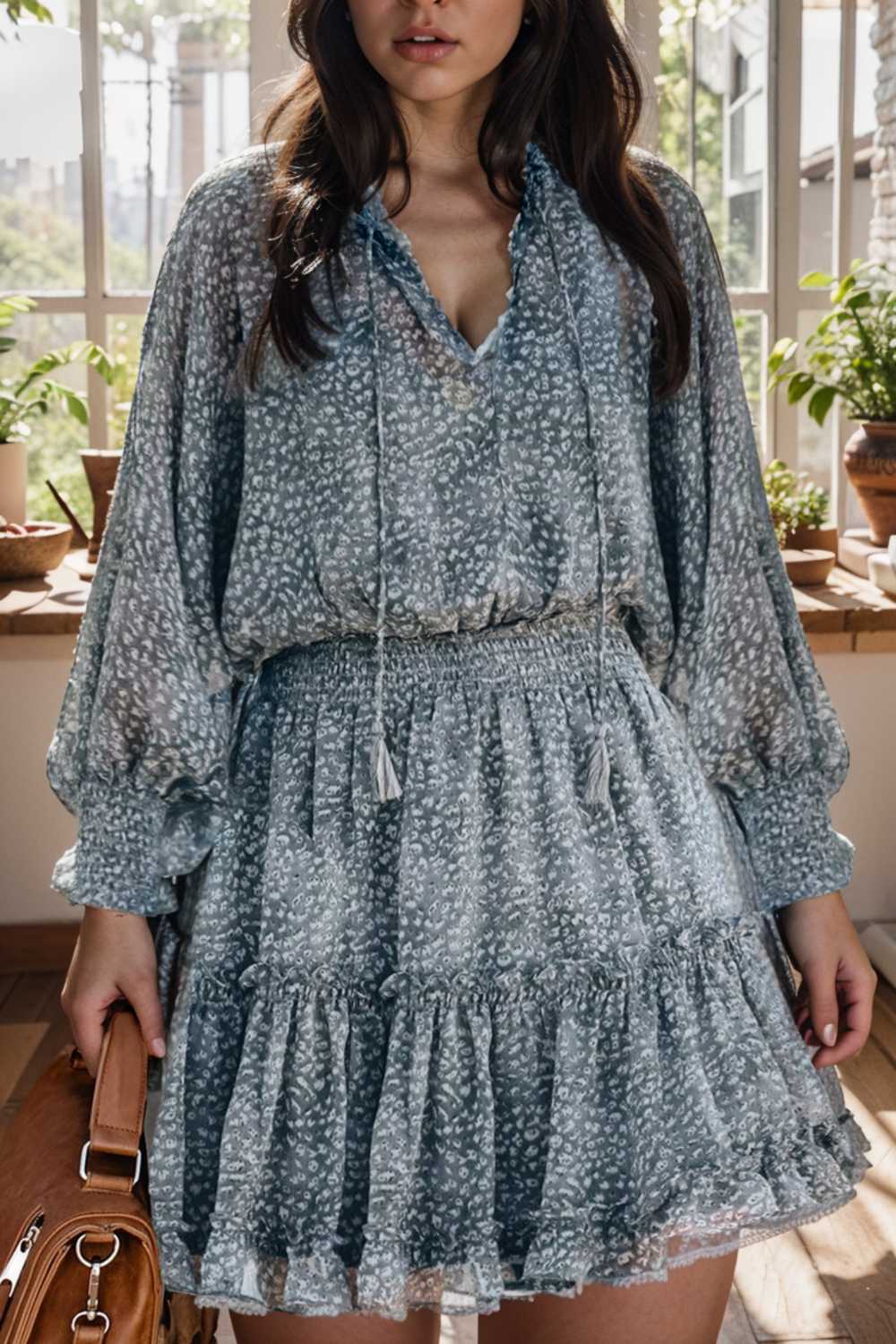 loose leopard print v neck dress drop shoulder a line closed cape paneled 131735