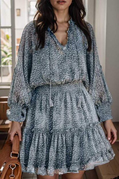 loose leopard print v neck dress drop shoulder a line closed cape paneled 108966