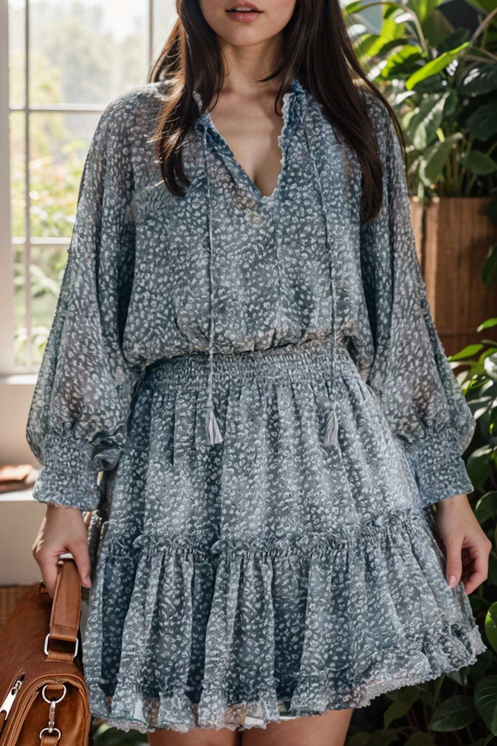 loose leopard print v neck dress drop shoulder a line closed cape paneled 131734