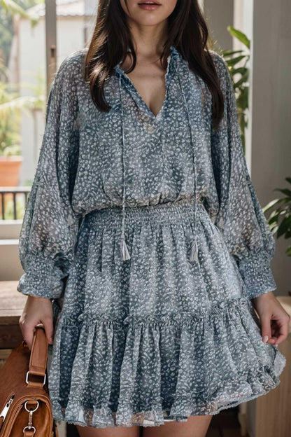 loose leopard print v neck dress drop shoulder a line closed cape paneled 138053