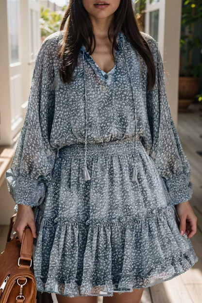 loose leopard print v neck dress drop shoulder a line closed cape paneled 138052