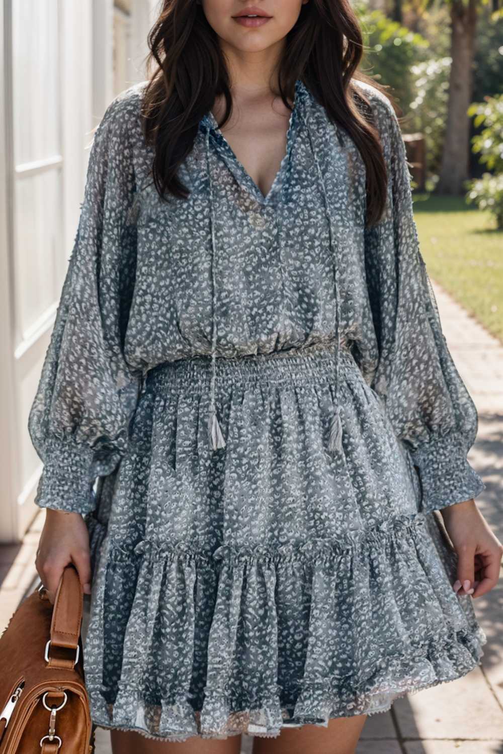 loose leopard print v neck dress drop shoulder a line closed cape paneled 108965