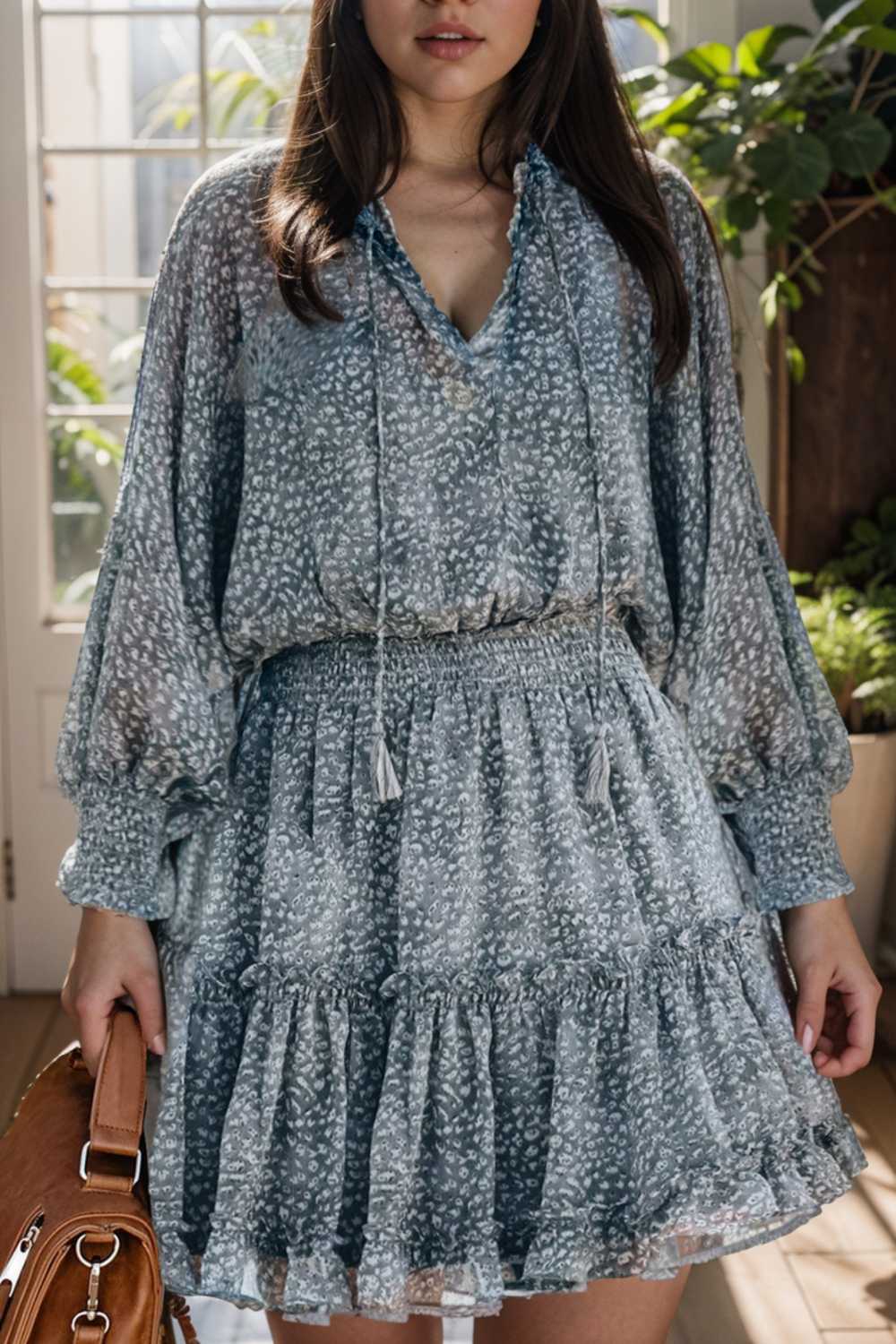 loose leopard print v neck dress drop shoulder a line closed cape paneled 108964
