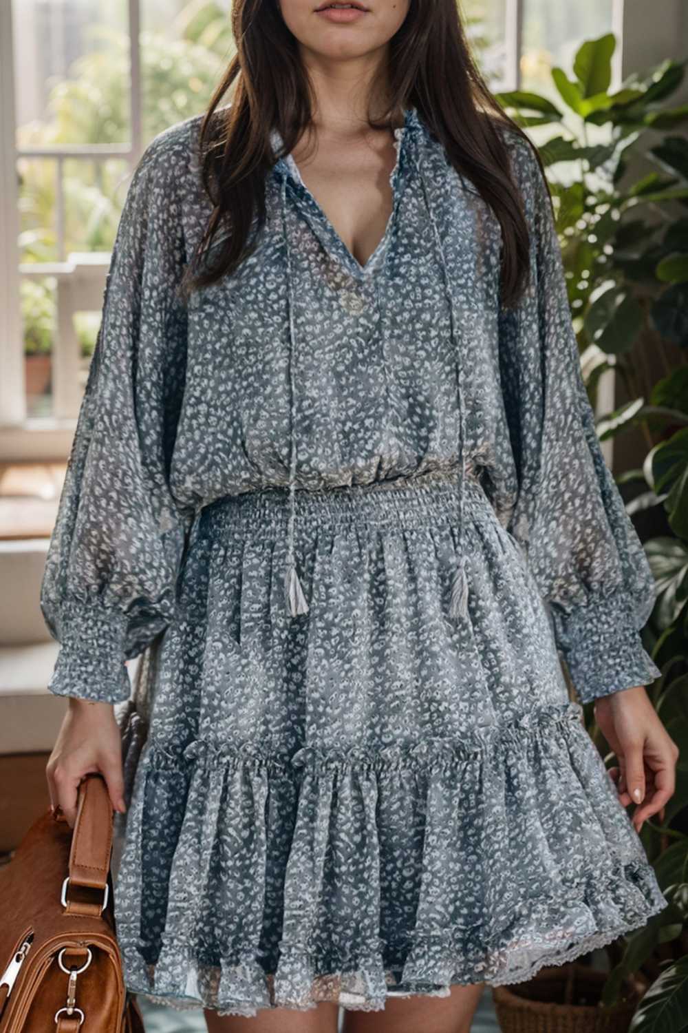 loose leopard print v neck dress drop shoulder a line closed cape paneled 130298