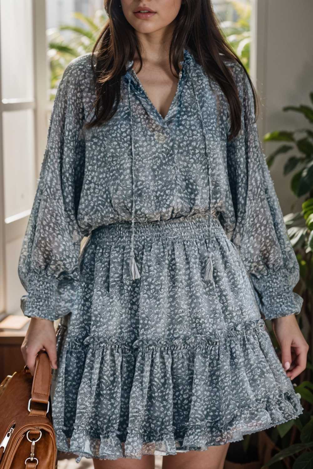 loose leopard print v neck dress drop shoulder a line closed cape paneled 108963