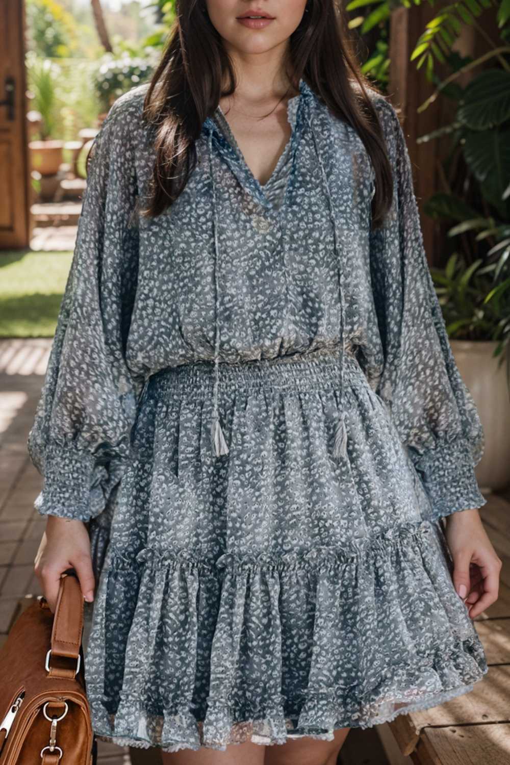 loose leopard print v neck dress drop shoulder a line closed cape paneled 108959