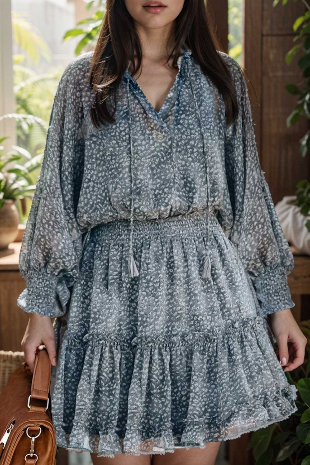 loose leopard print v neck dress drop shoulder a line closed cape paneled 108958