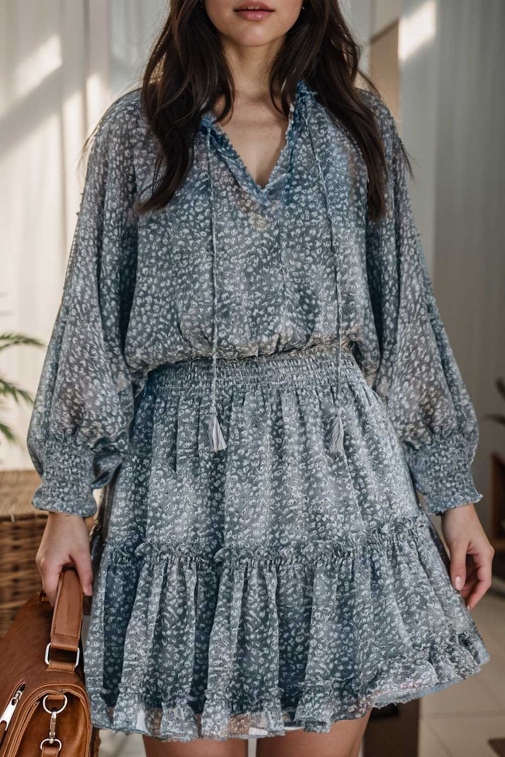 loose leopard print v neck dress drop shoulder a line closed cape paneled 108956