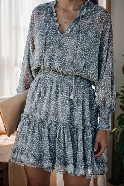 loose leopard print v neck dress drop shoulder a line closed cape paneled 131842