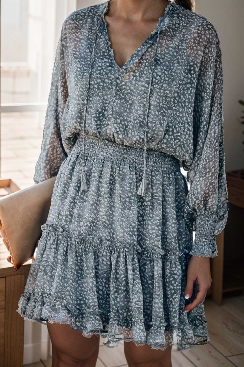 loose leopard print v neck dress drop shoulder a line closed cape paneled 106636