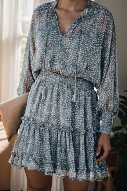 loose leopard print v neck dress drop shoulder a line closed cape paneled 109381