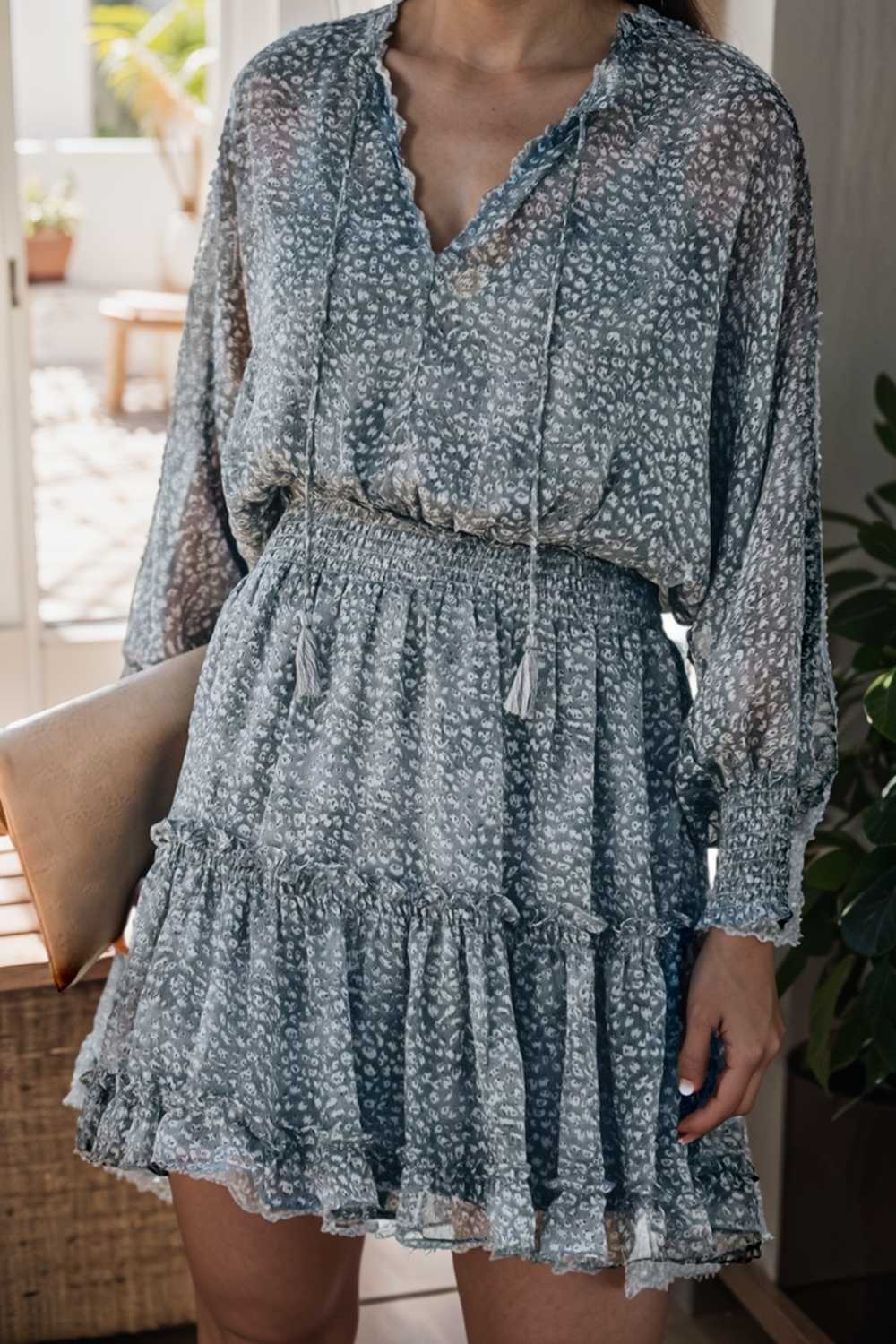 loose leopard print v neck dress drop shoulder a line closed cape paneled 108569