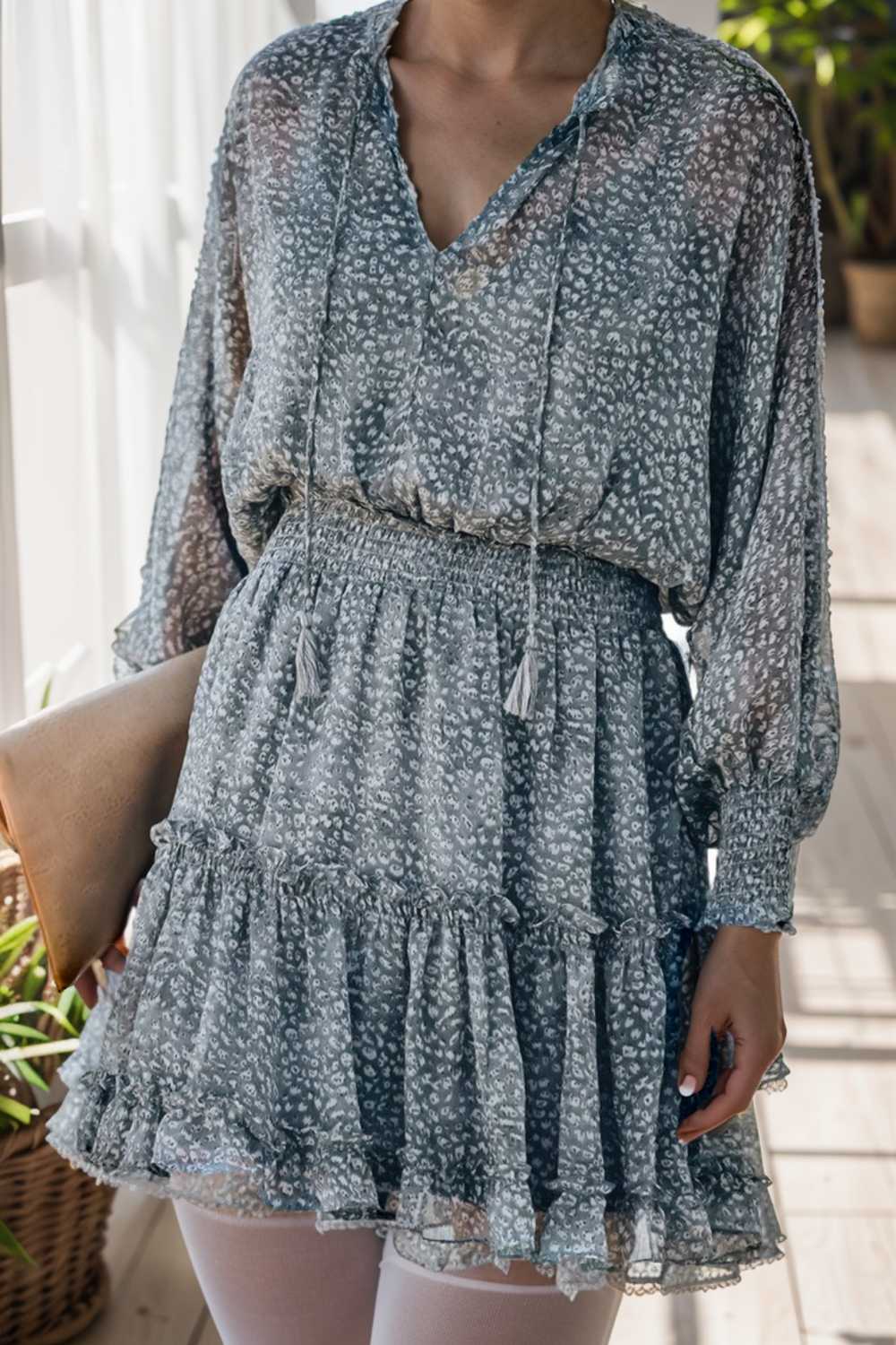 loose leopard print v neck dress drop shoulder a line closed cape paneled 135982