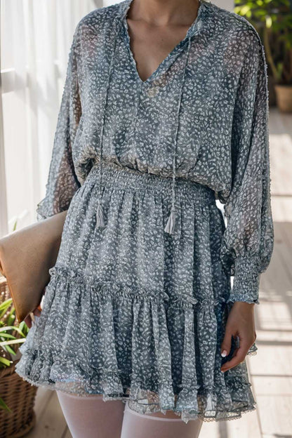 loose leopard print v neck dress drop shoulder a line closed cape paneled 135982
