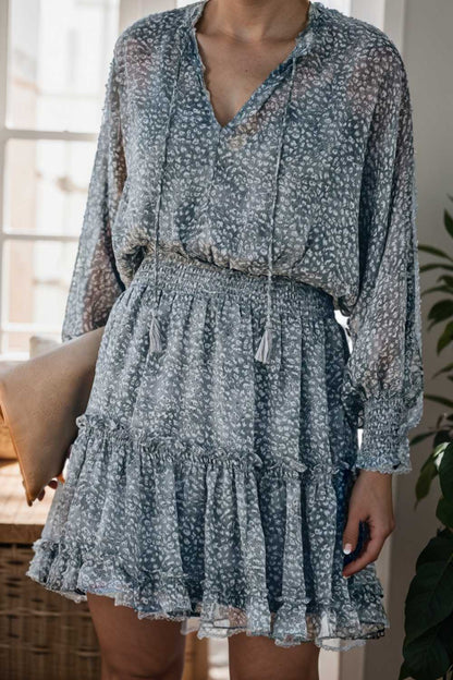 loose leopard print v neck dress drop shoulder a line closed cape paneled 108954