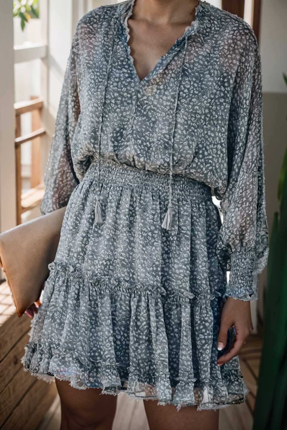 loose leopard print v neck dress drop shoulder a line closed cape paneled 131733