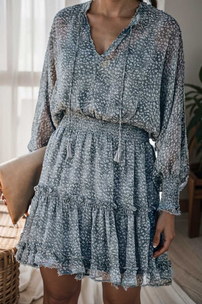 loose leopard print v neck dress drop shoulder a line closed cape paneled 116522