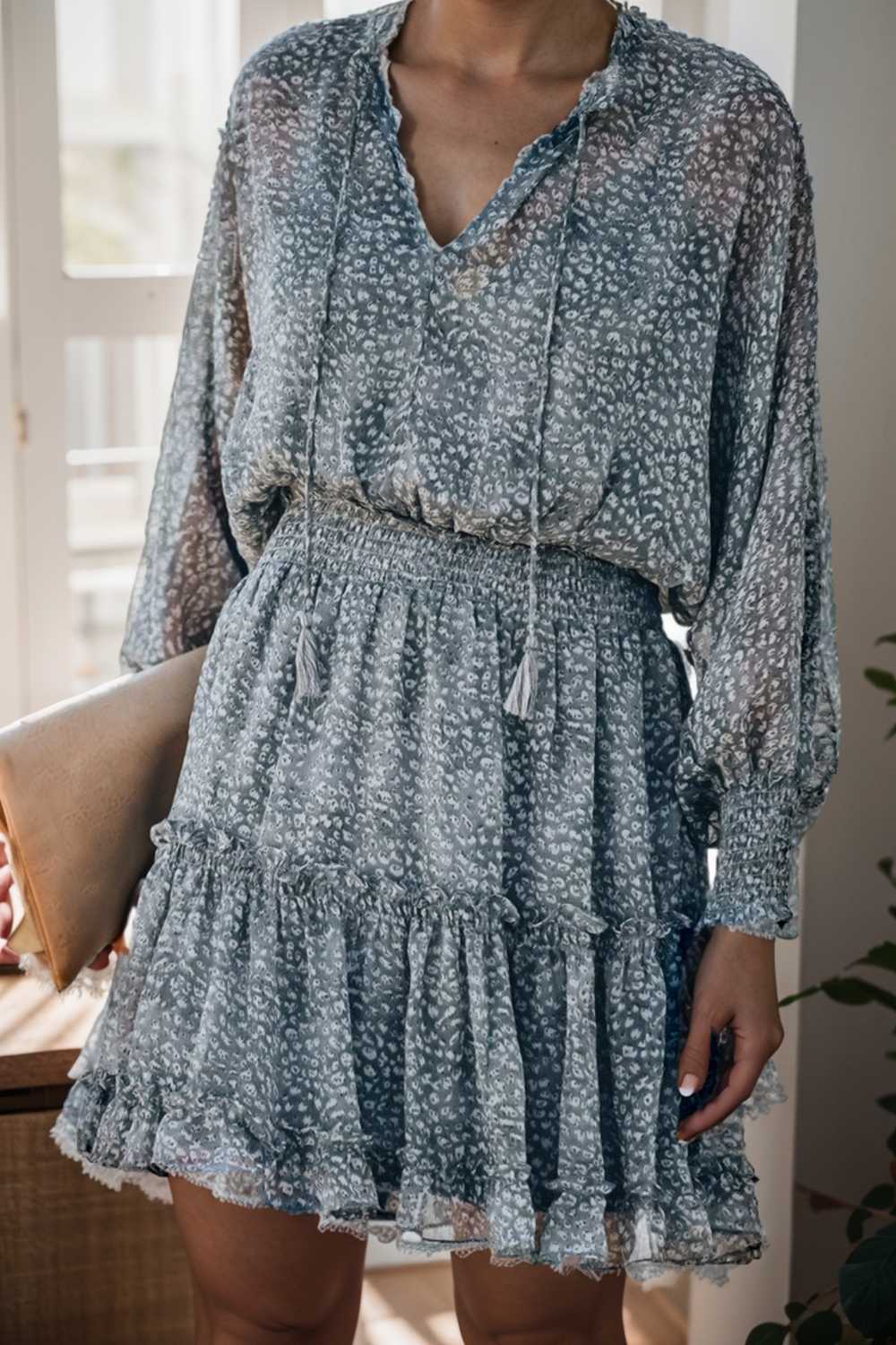 loose leopard print v neck dress drop shoulder a line closed cape paneled 131732