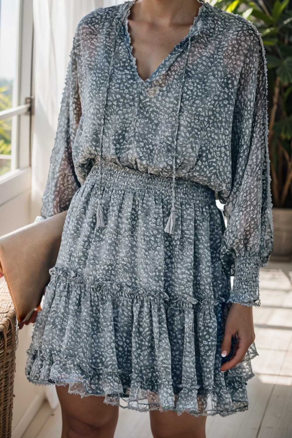 loose leopard print v neck dress drop shoulder a line closed cape paneled 108953