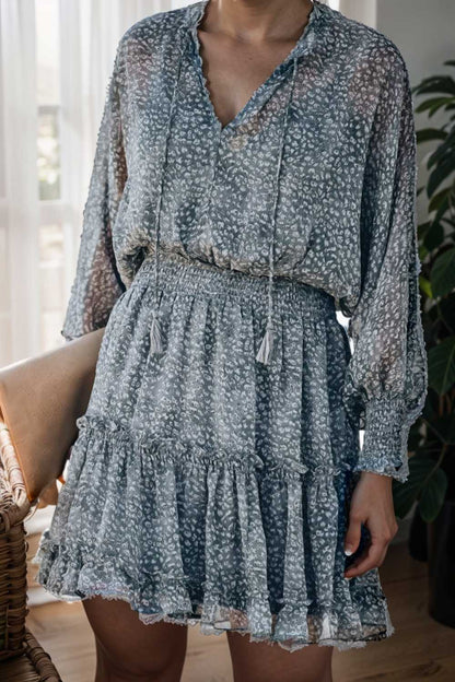 loose leopard print v neck dress drop shoulder a line closed cape paneled 109379