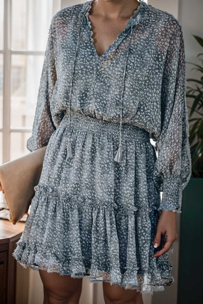 loose leopard print v neck dress drop shoulder a line closed cape paneled 122279