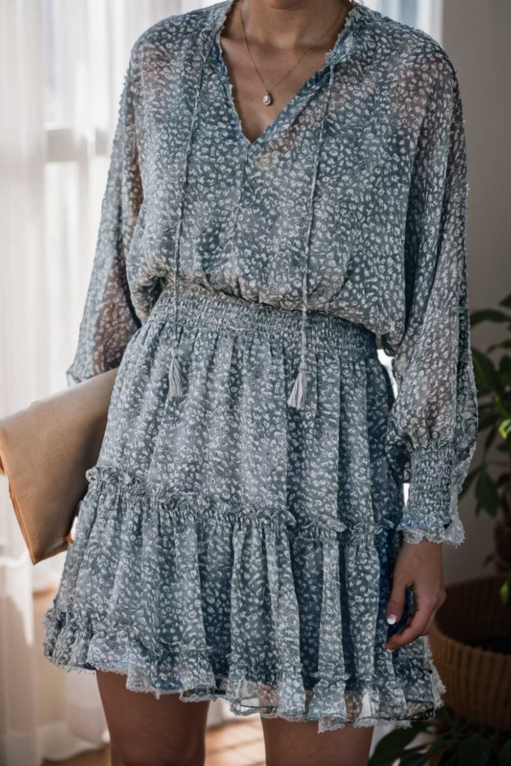 loose leopard print v neck dress drop shoulder a line closed cape paneled 108951