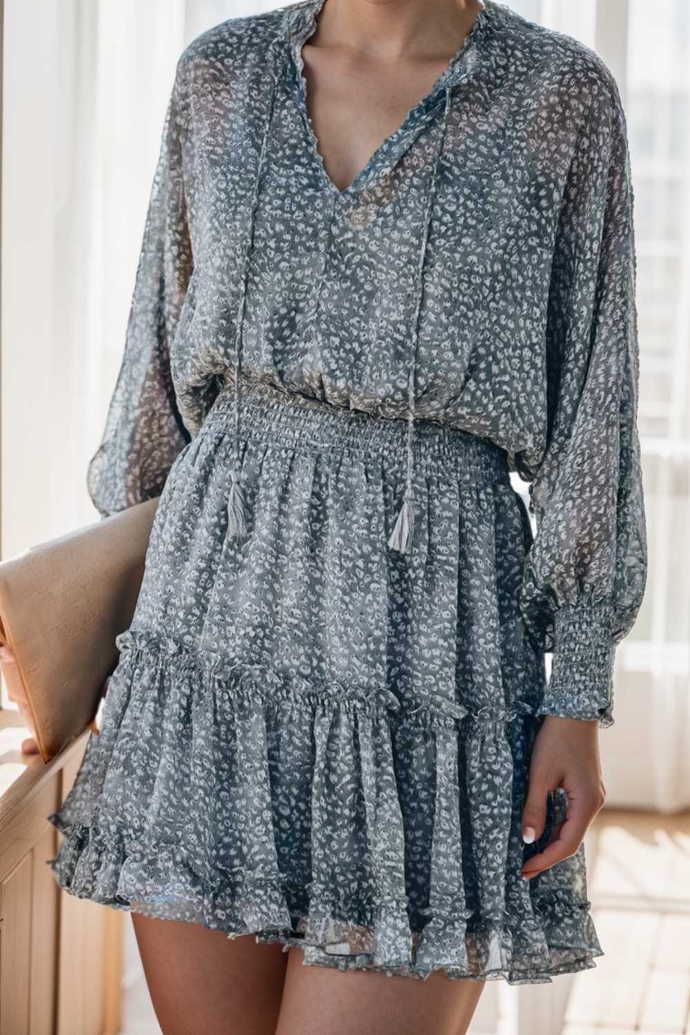 loose leopard print v neck dress drop shoulder a line closed cape paneled 138043