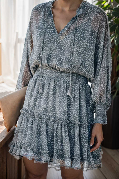 loose leopard print v neck dress drop shoulder a line closed cape paneled 116520