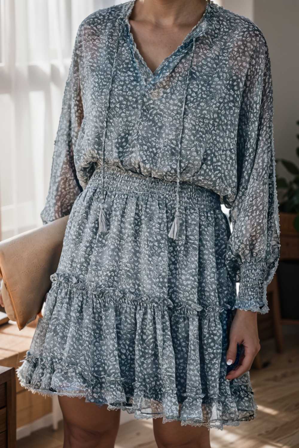 loose leopard print v neck dress drop shoulder a line closed cape paneled 131730