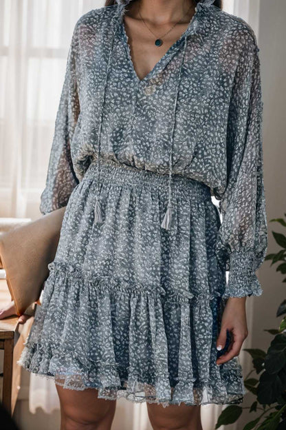 loose leopard print v neck dress drop shoulder a line closed cape paneled 131729