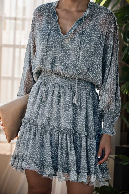 loose leopard print v neck dress drop shoulder a line closed cape paneled 108950