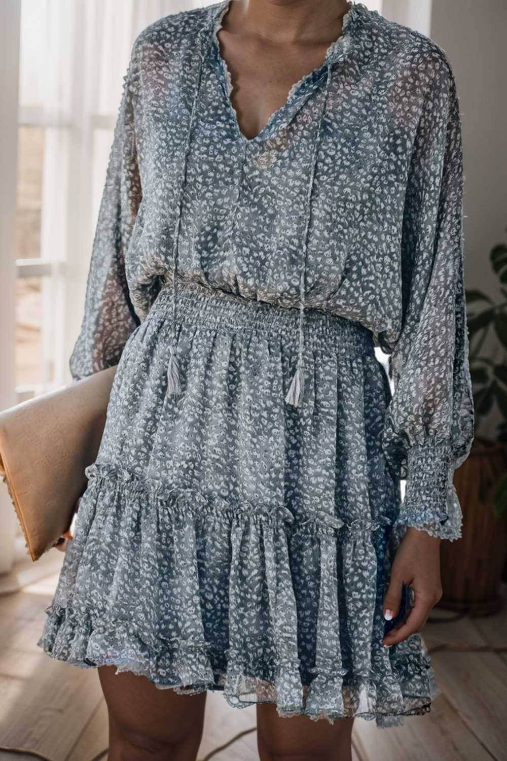 loose leopard print v neck dress drop shoulder a line closed cape paneled 131728