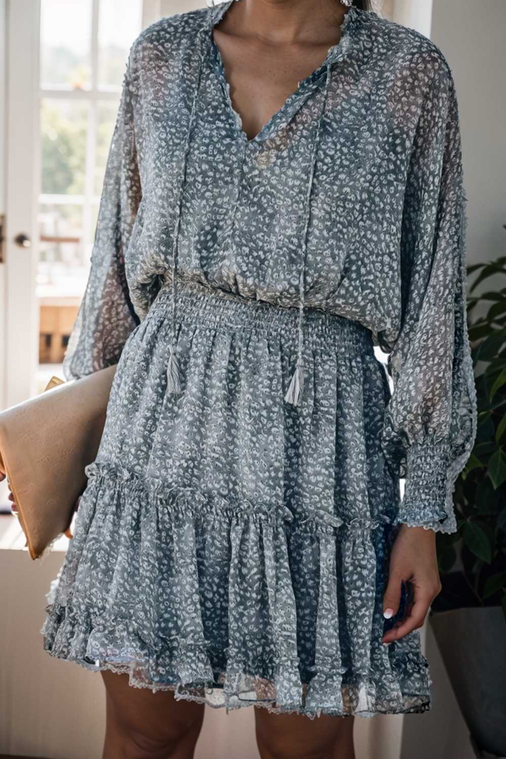 loose leopard print v neck dress drop shoulder a line closed cape paneled 131727